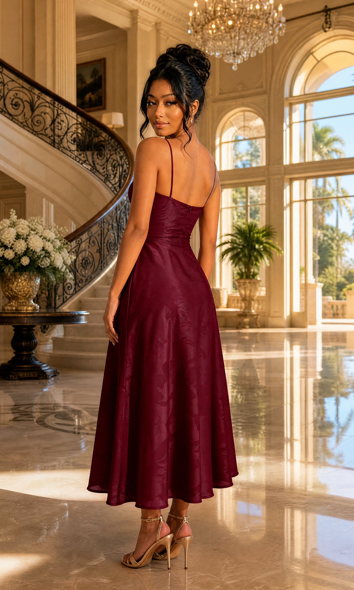 A woman wearing the Dear Moon J771626 Tea Length Formal Dress stands in an elegant, sunlit foyer with marble floors and a curved staircase.